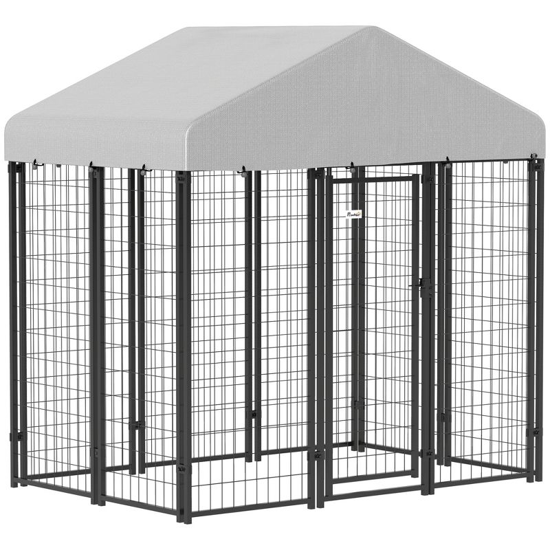 PawHut Outdoor Dog Kennel with Roof, Welded Wire Dog Playpen Enclosure with Escape-proof Lock, UV-Resistant & Waterproof Cover, 5.9' x 4' x 6', Silver
