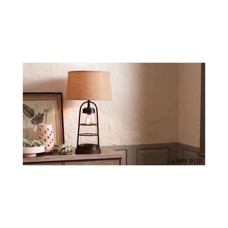 Franklin Iron Works Rustic Farmhouse Table Lamp 31" Tall with Nightlight Bronze Clear Seeded Glass Burlap Shade for Bedroom Living Room House Bedside
