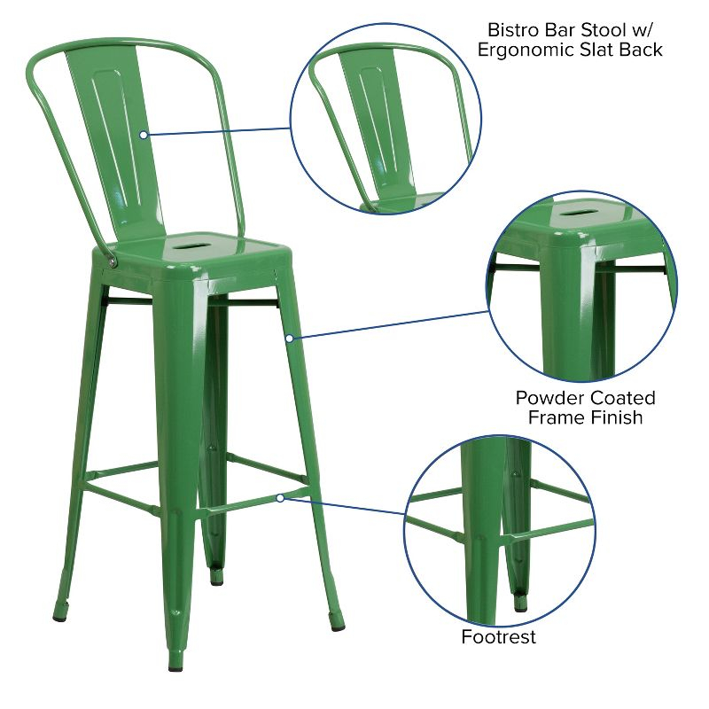 Flash Furniture Commercial Grade 30" High Green Metal Indoor-Outdoor Barstool with Removable Back