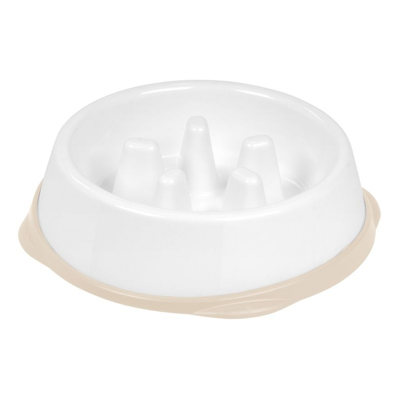 IRIS USA 2 Cup Slow Feeder Dog Bowl for Long Snouted Pets, White/Beige