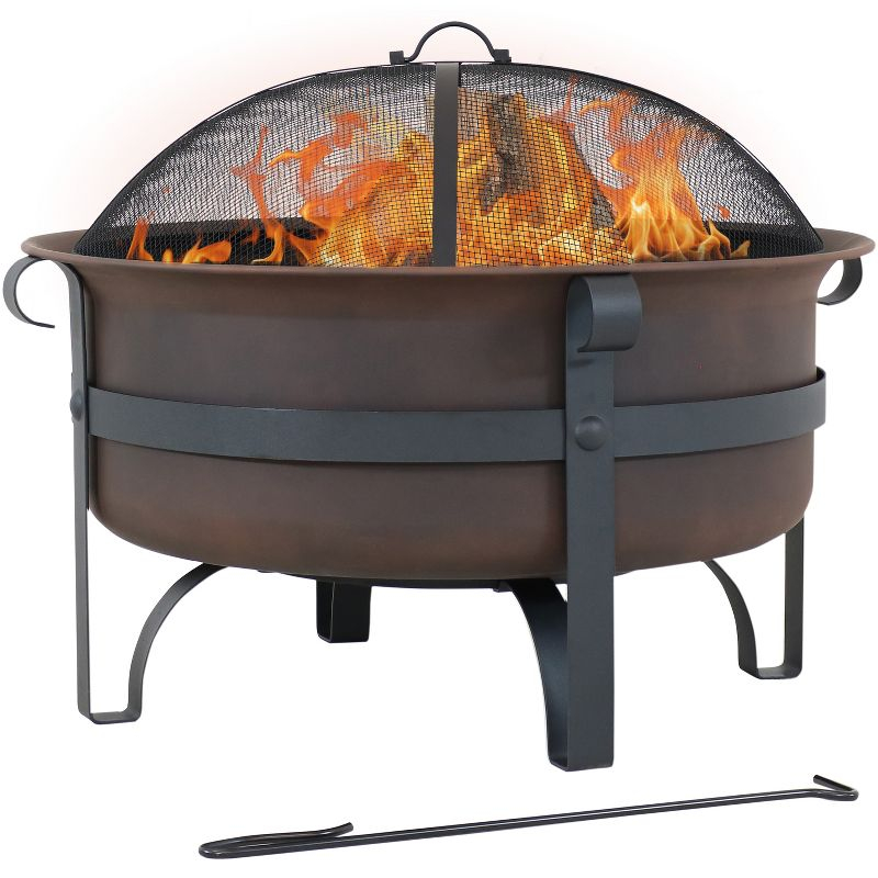 Sunnydaze Outdoor Camping or Backyard Large Round Cauldron Fire Pit Bowl with Log Poker and Spark Screen - 29"