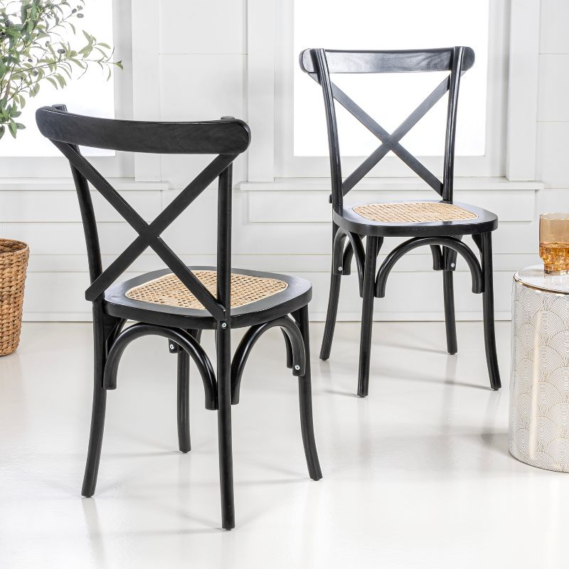 Cassis Classic Traditional X-Back Wood Rattan Dining Chair, Black/Natural (Set of 2) - JONATHAN Y