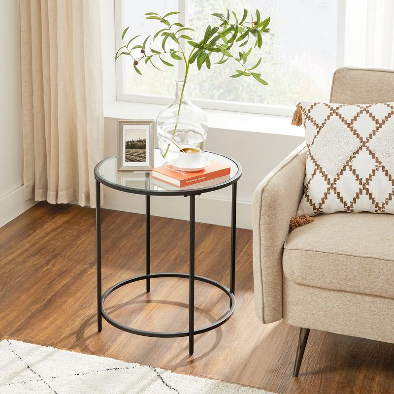 VASAGLE Round Side Table, Glass End Table with Metal Frame, Black Coffee Table with Modern Style Black