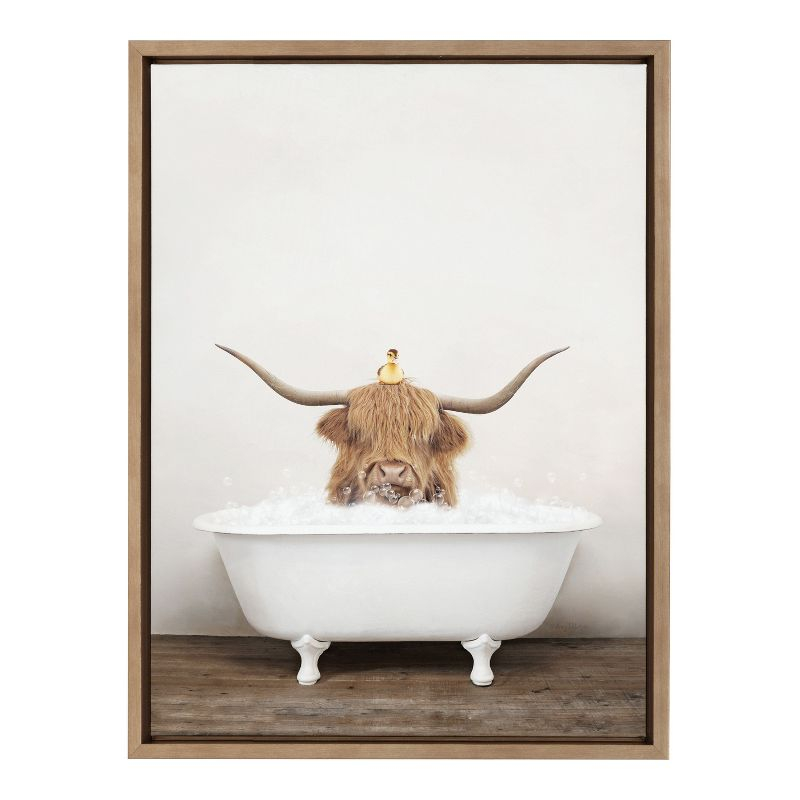 Kate and Laurel Sylvie Highland Cow and Duckling in Rustic Bath Framed Canvas by Amy Peterson Art Studio, 18x24, Gold