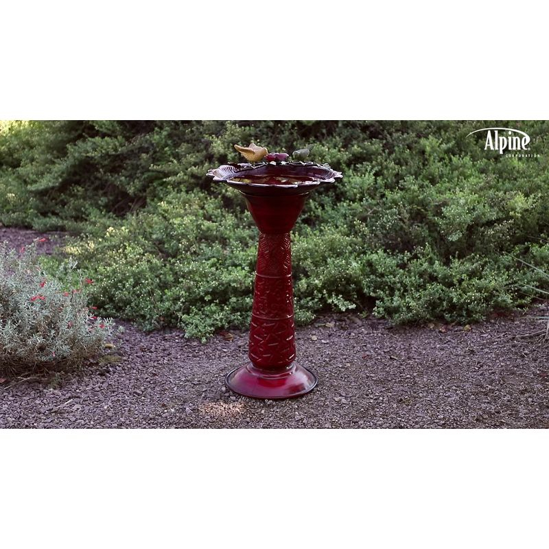 28" Metal Birdbath With Birds And Leaves - Red - Alpine Corporation