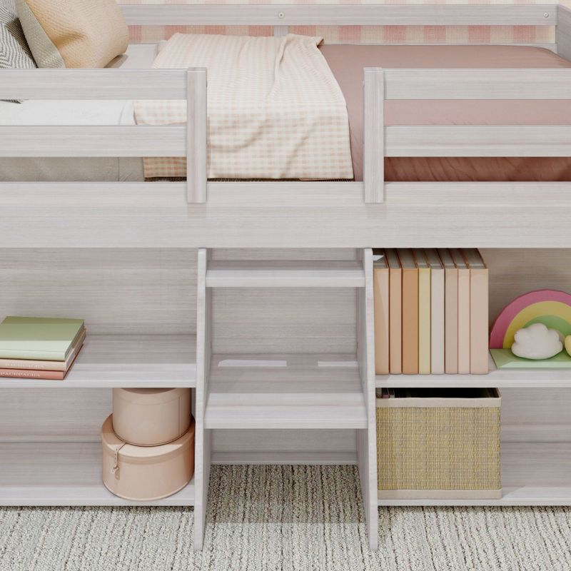 Max & Lily Loft Bed Twin Size, Solid Wood Low Loft Bed with 2 Bookcases and Ladder, Modern Farmhouse Loft Bed for Kids, White Wash