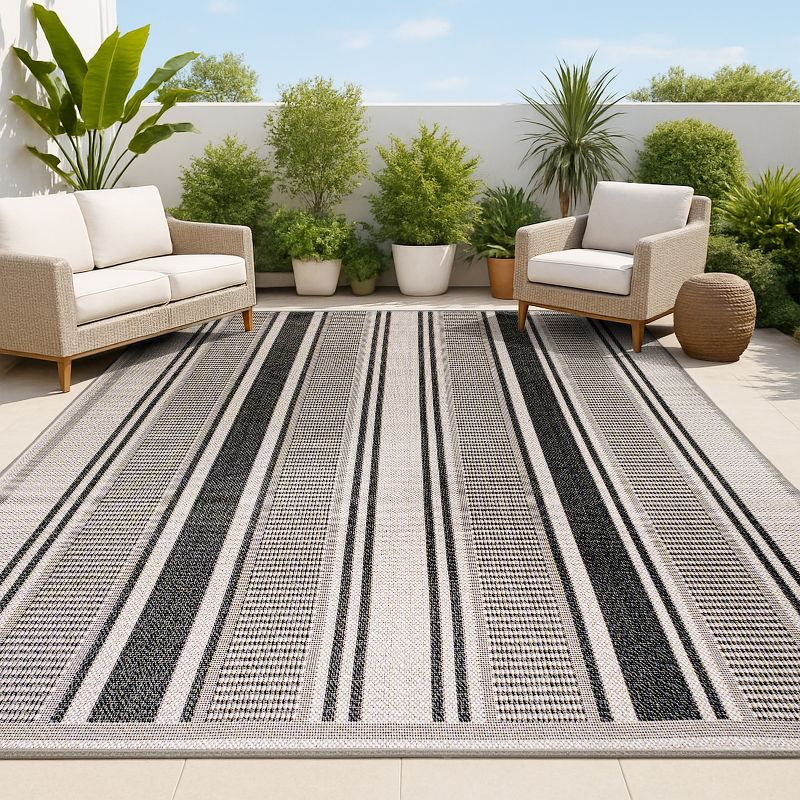 3' x 5' Haynes Modern Double Stripe Indoor/Outdoor Area Rug, Black/Beige - JONATHAN Y