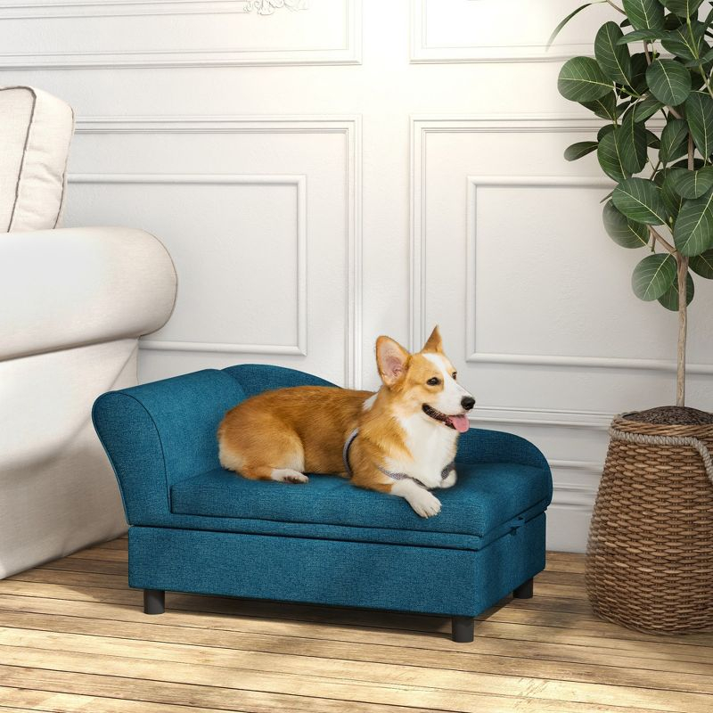 PawHut Pet Sofa, Dog Sofa, Elevated Pet Bed for Small Dogs, with Hidden Storage, Soft Tufted Cushion, Dark Blue