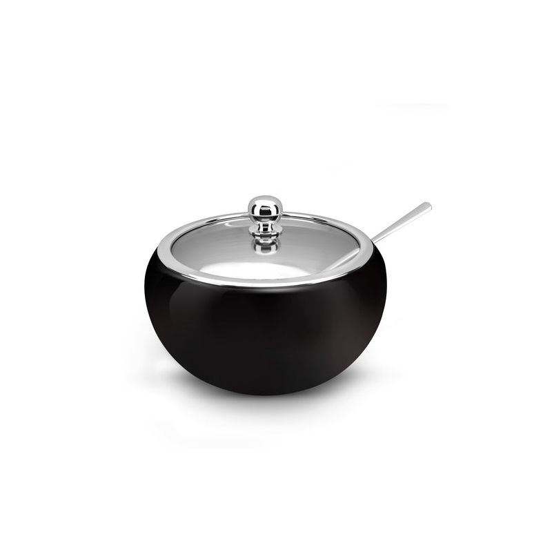 Kook Large Stainless Steel Sugar Bowl and Spoon, Glass Lid, 16 oz, Black