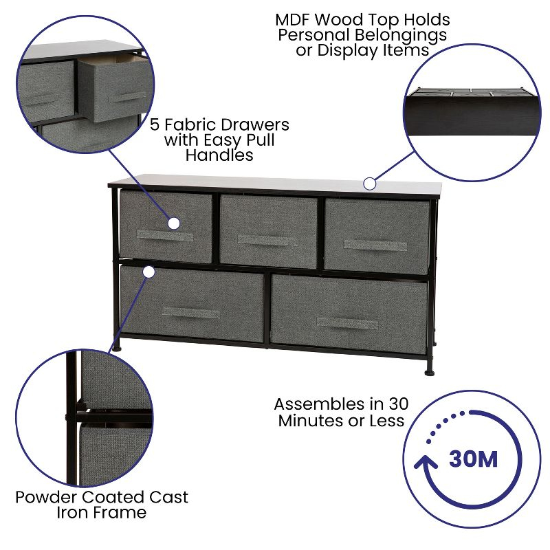 Flash Furniture 5 Drawer Wood Top Black Cast Iron Frame Vertical Storage Dresser with Dark Gray Easy Pull Fabric Drawers