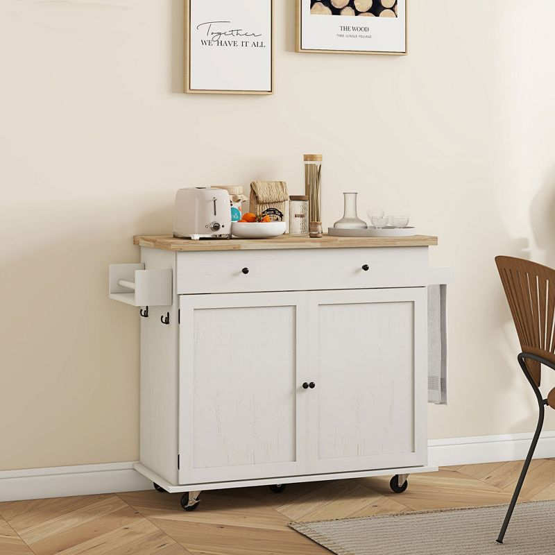 HOMCOM Rolling Kitchen Island with Storage Drawer, Wood Breakfast Bar Kitchen Island Cart 2 Doors, Spice Rack, Towel Racks and 2 Hooks, White