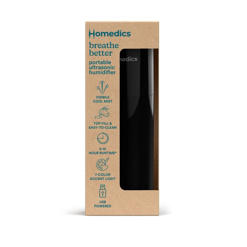 HoMedics Portable Ultrasonic Humidifier Black: Travel & Personal Cool Mist for Small Rooms, USB & Battery Powered, No Filter Needed