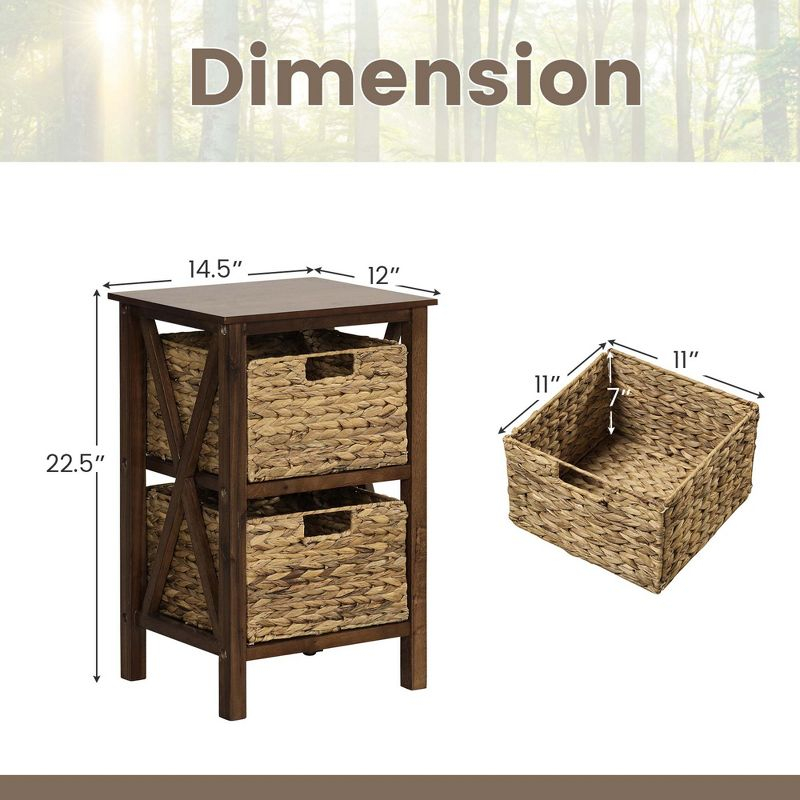 Costway 2 PCS 2-Tier Nightstand with 2 Seagrass Baskets Rubber Wood X-Shaped Frames 2 Drawers