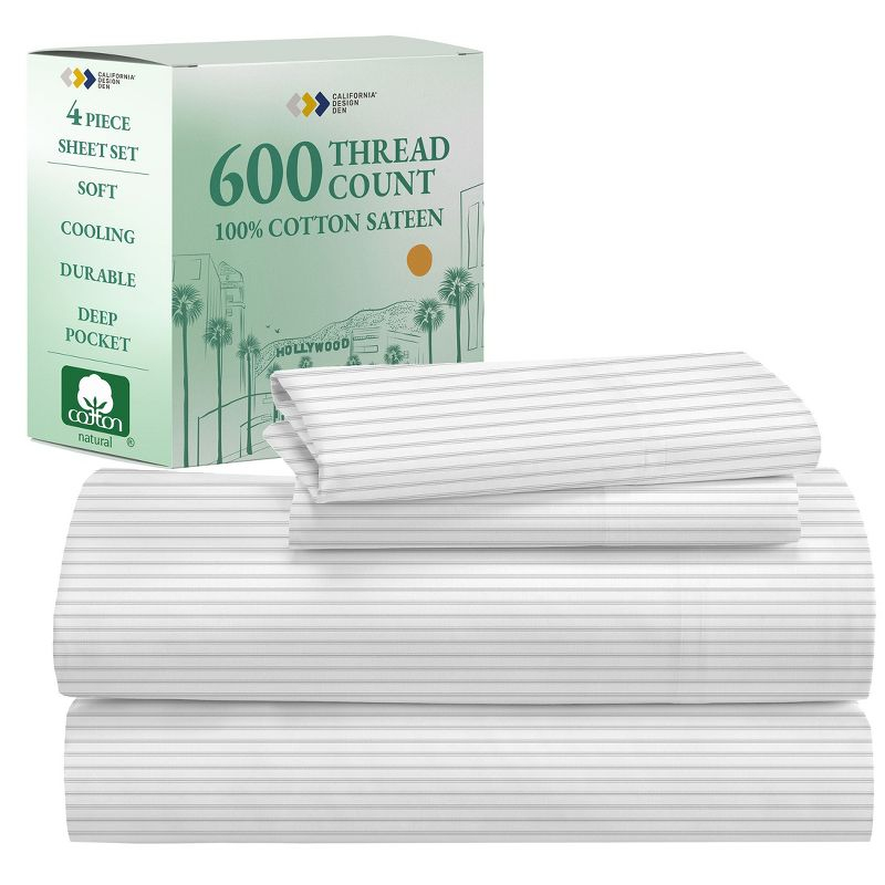 Luxury 600 Thread Count Bed Sheet Set - 100% Cotton Sheets, Cooling Sateen, Deep Pocket