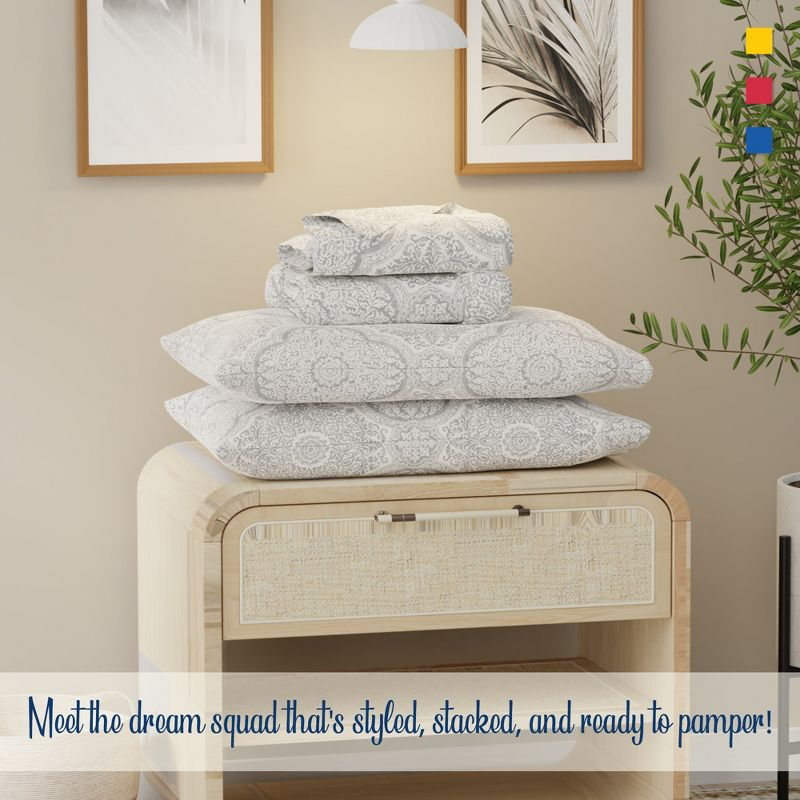 Color Sense 100% Cotton Percale Cool & Crisp 4-Piece Sheet Set Queen Textured Medallion Gray