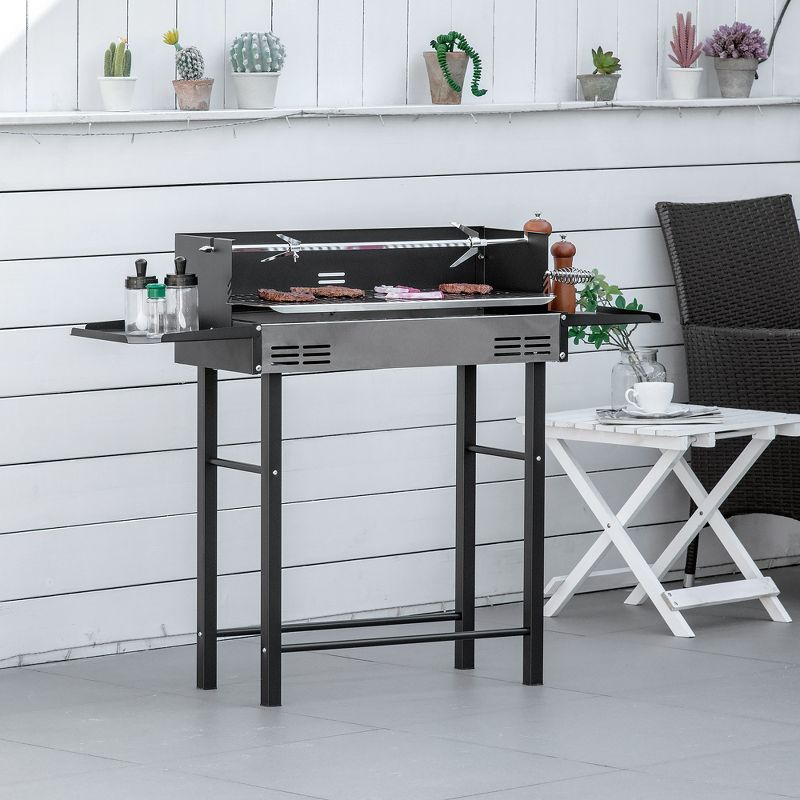 Outsunny BBQ Rotisserie Grill Roaster for Chicken or Turkey with 3-Level Grill Grate, Foldable Storage Shelves, and Wind Deflector, Stainless Steel