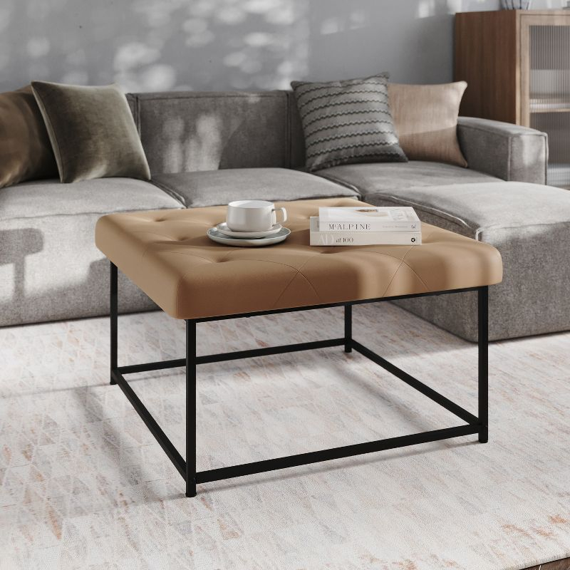 Emma and Oliver 30 in. Faux Leather Square Ottoman with Tufted Design and Sturdy Iron Frame, Light Brown Faux Leather/Black Frame