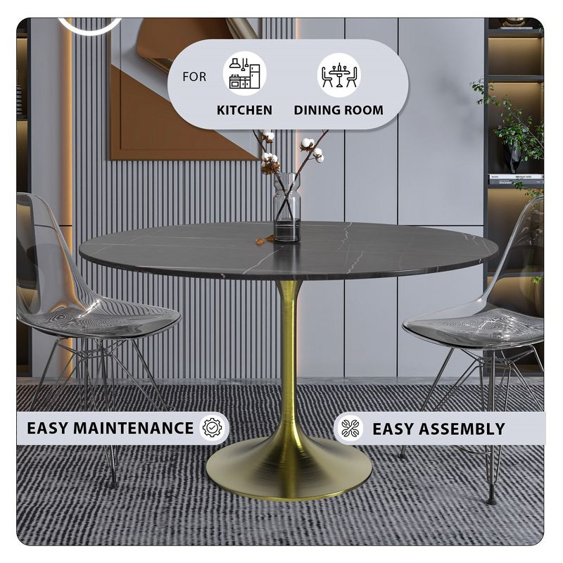 LeisureMod Verve 48" Round Dining Table, Modern Stone Top Dining Table with Brushed Gold Stainless Steel Pedestal Table Base in Black