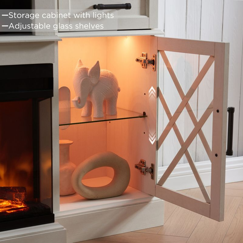 OKD 70" Farmhouse TV Stand w/Electric Fireplace & Glass Door Storage Cabinet, Antique White