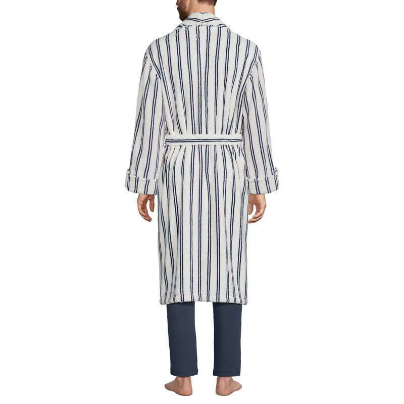 Lands' End Men's Calf Length Pattern Turkish Terry Robe - Large - Egret White Double Stripes