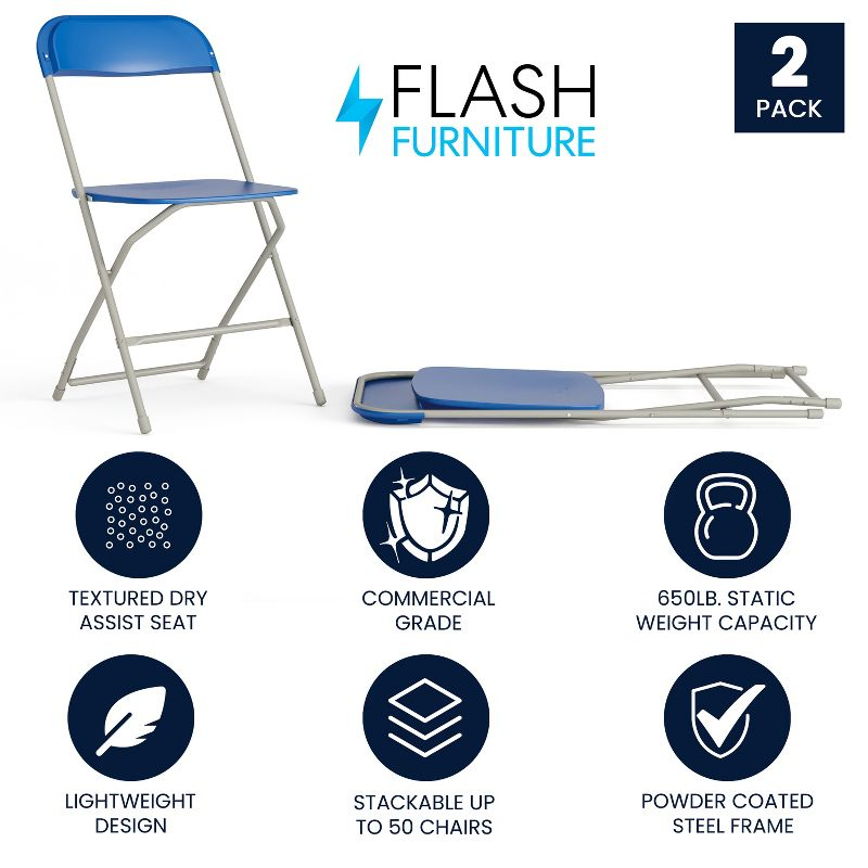 Flash Furniture Hercules Series Plastic Folding Chair Blue - 2 Pack 650LB Weight Capacity Comfortable Event Chair-Lightweight Folding Chair