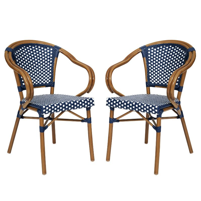 Emma & Oliver Soie Set of 2 Indoor/Outdoor Stacking Thonet Bistro Style Chairs w/ Arms, Navy & White PE Rattan Seat & Nat Bamboo Finished Metal Frame