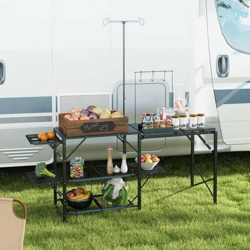 Outsunny Folding Camp Kitchen, Camping Table Cooking Station with Adjustable Lamp Stand