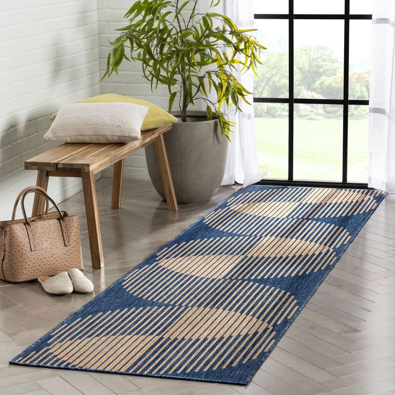 Well Woven Alder Indoor OutdoorFlat Weave Pile Stripes Circles Geometric 2'7" x 9'10" Runner Blue Area Rug