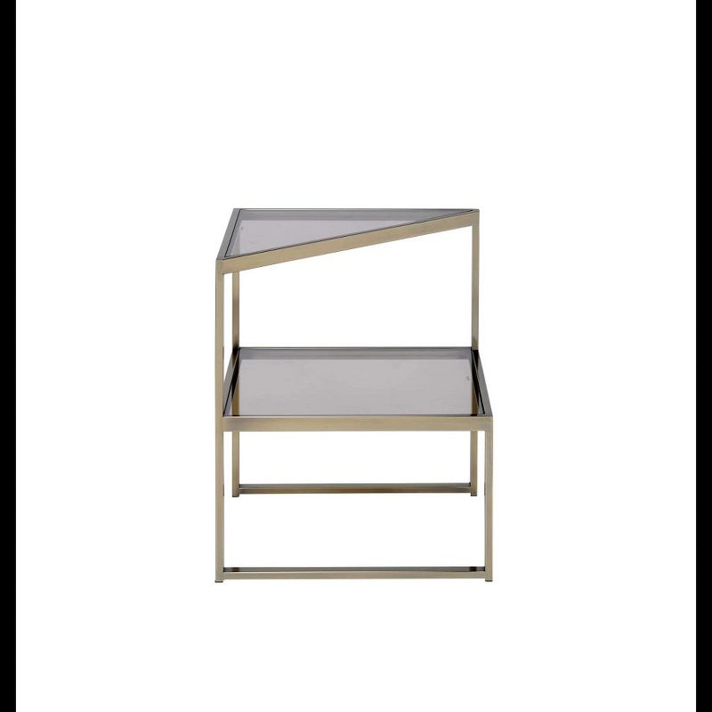 18" Treva Accent Table Smoky Glass/Antique Gold Finish - Acme Furniture: Triangle Shape, Open Shelf, No Tools Assembly