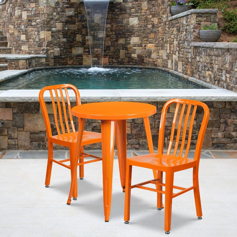 Flash Furniture Commercial Grade 24" Round Orange Metal Indoor-Outdoor Table Set with 2 Vertical Slat Back Chairs
