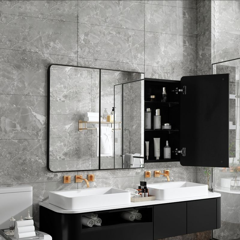 Basicwise 3-Door Aluminum Medicine Cabinet, Round Corner Frame, Surface or Recessed Mount, Mirrored Doors with Adjustable Glass Shelves, Matte Black