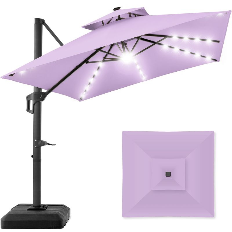 Best Choice Products 10x10ft 2-Tier Square Outdoor Solar LED Cantilever Patio Umbrella w/ Base Included - Lavender