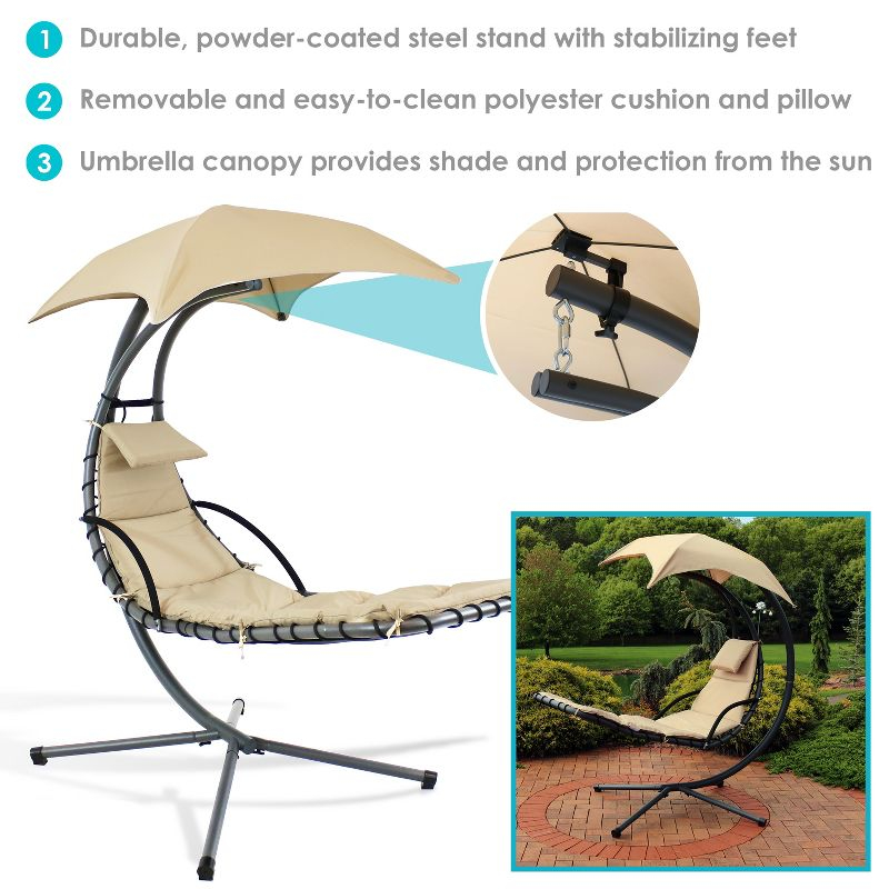 Sunnydaze Outdoor Hanging Chaise Floating Lounge Chair with Canopy Umbrella and Stand, Beige, 2pk