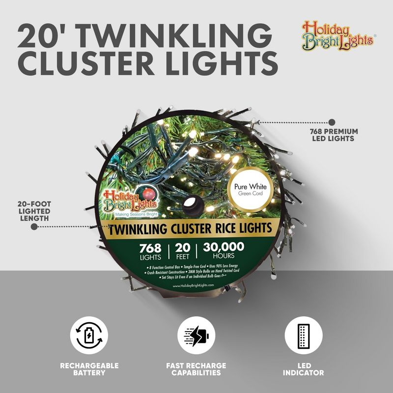 Holiday Bright Lights Twinkling Cluster LED Rice Light Reel, 20 Foot Long 768 Lights for Indoor/Outdoor Christmas Decoration, Pure White