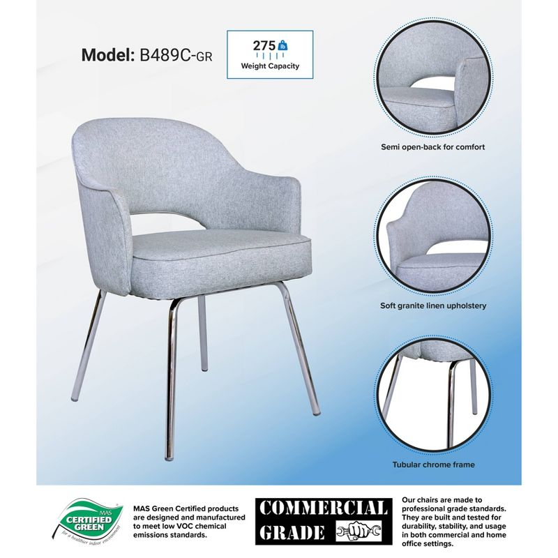 Guest Chair Gray Linen - Boss Office Products: Chrome Base, Mid-Century Modern, 275lbs Capacity