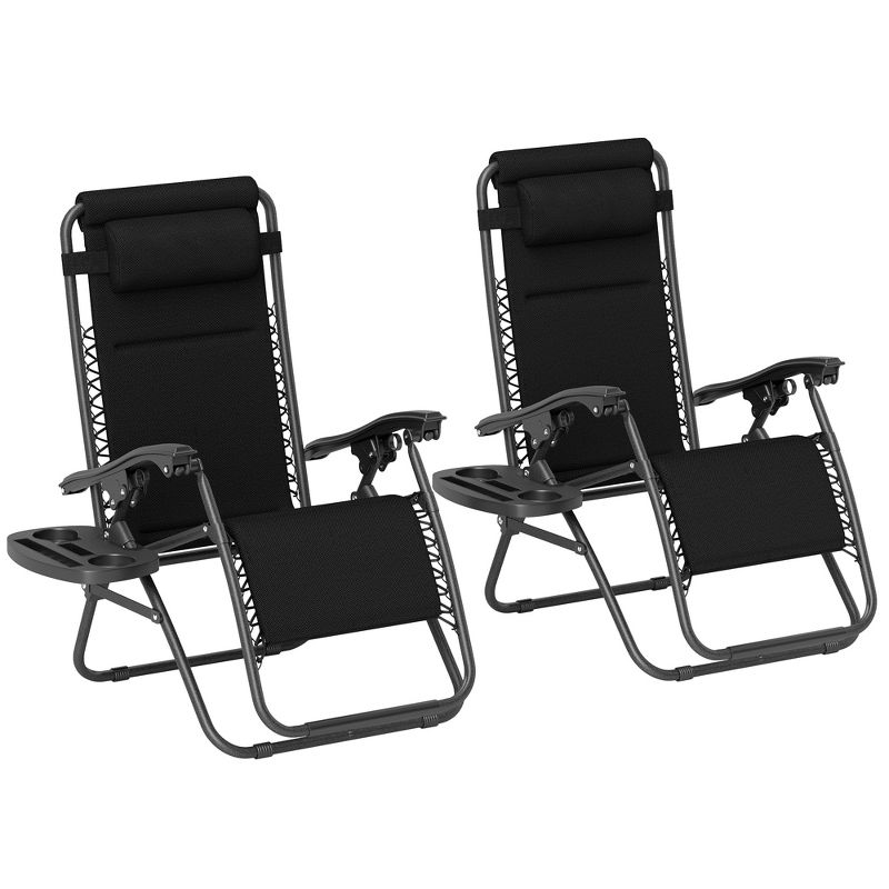 Outsunny Zero Gravity Lounge Chair Set of 2 Reclining Folding Outdoor Lounge Chairs with Cushion, Headrest, and Side Tray for Patio Beach, Black