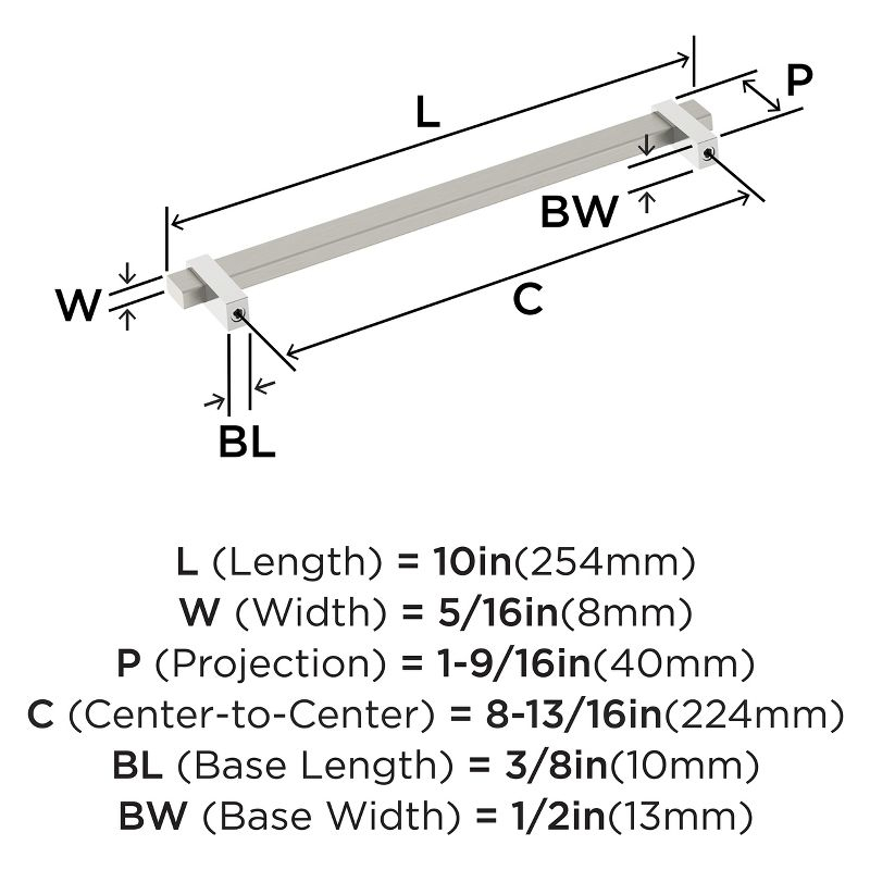 Amerock Mulino 8-13/16 inch (224mm) Center-to-Center Satin Nickel/Polished Chrome Cabinet Pull