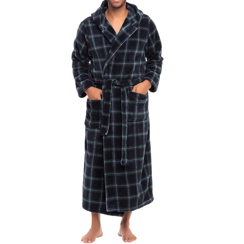 ADR Mens Robe, Plush Fleece Hooded Bathrobe Men, Men's Bathrobes, Big and Tall Bath Robe for Men Blue and Green Tartan Plaid 2XL