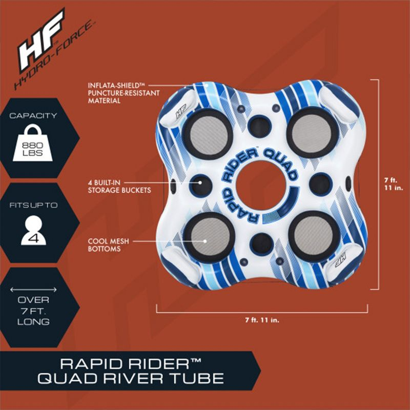 Hydro-Force Rapid Durable Rider Quad 4 Person River Tube with Built In Coolers, Cup Holders and Heavy Duty Handles, Multicolor