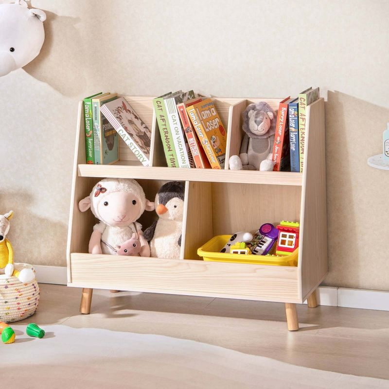 Costway 5-Cube Kids Bookshelf and Toy Organizer Wooden Storage Bookcase with Wood Legs Beige