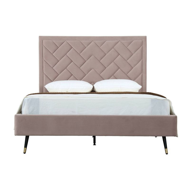Manhattan Comfort Queen Crosby Modern Velvet Upholstered Bed Blush: Chic Wingback Design, Foam-Filled, No Box Spring Needed