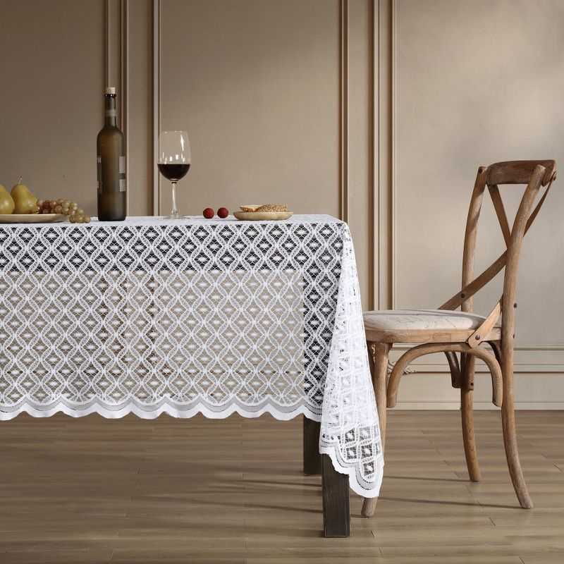 HLC.ME Alona Lace Fabric Table Cloth for Rectangle Tables, Wrinkle Resistant, Patterned Scalloped Tablecloth - Linen, 60 W x 84 L