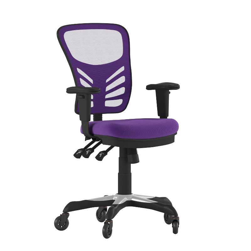 Flash Furniture Nicholas Mid-Back Purple Mesh Multifunction Executive Swivel Ergonomic Office Chair with Adjustable Arms and Transparent Roller Wheels