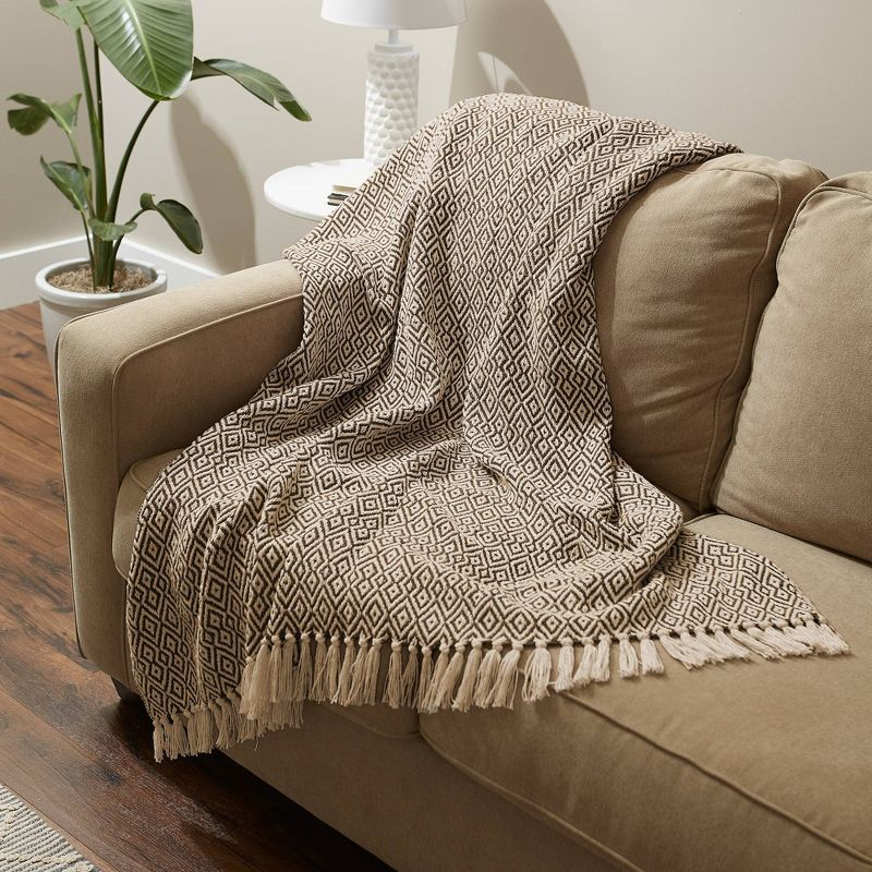 50"x60" Double Diamond Throw Blanket Brown - Design Imports: Cotton Woven, Machine Washable, Cozy for Couch