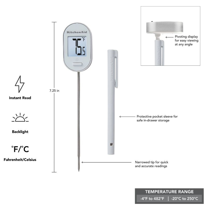 KitchenAid Digital Pivoting Kitchen Cooking Thermometer White: Meat & Food Thermometer, Digital Display, -40 to 482°F