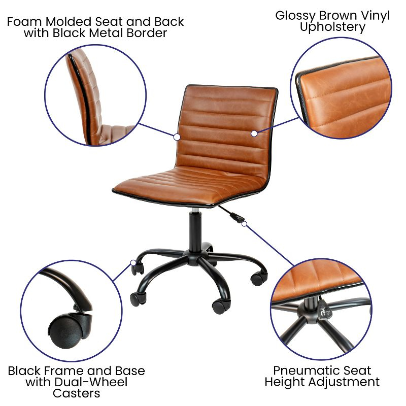 Flash Furniture Low Back Designer Armless Brown Ribbed Swivel Task Office Chair with Black Frame and Base