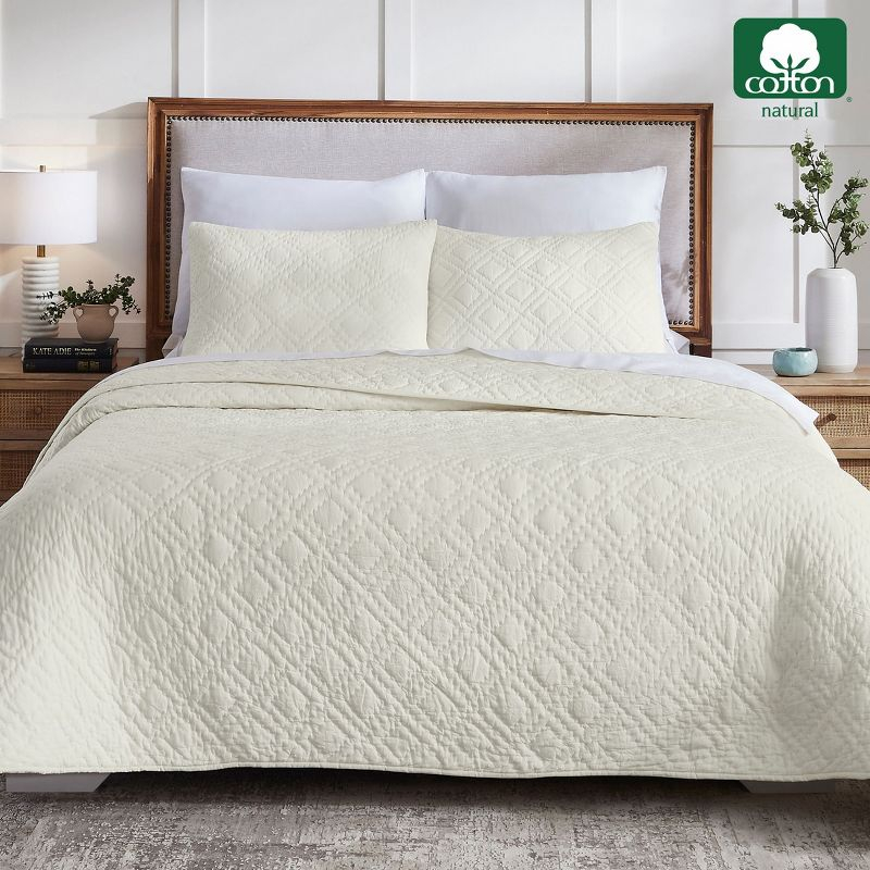 Luxury 100% Cotton Quilt Set, Hand-Quilted, Pre-Softened, Diamond Pattern by California Design Den - Creamy Ivory, King