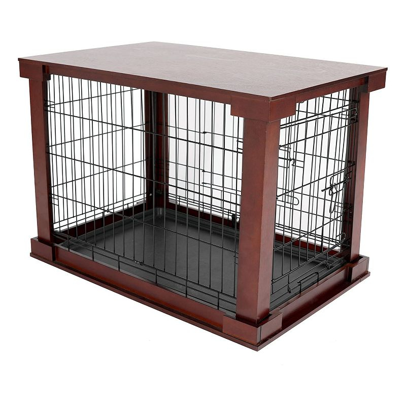 Merry Products 2 Door Decorative Pet Kennel with Wooden Protection Cover, Divider Insert, and Removable Tray End or Side Table, Large, Brown