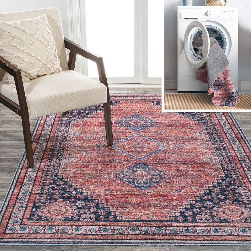 4' x 6' Dalyan Geometric Medallions Machine Washable Indoor/Outdoor Area Rug, Terra/Navy - JONATHAN Y