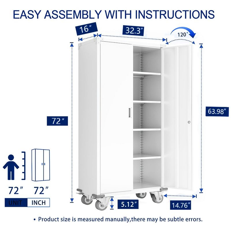 AOBABO 72 Inch Locking Metal Garage Home Office Storage Cabinet with Universal Rubber Wheels/Lockable Casters and Magnetic Doors, White